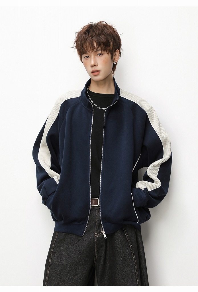 メンズ 立ち襟 ジップアップ スウェット 春新作 ラグランスリーブ カジュアル アウター トレーナ★全2色