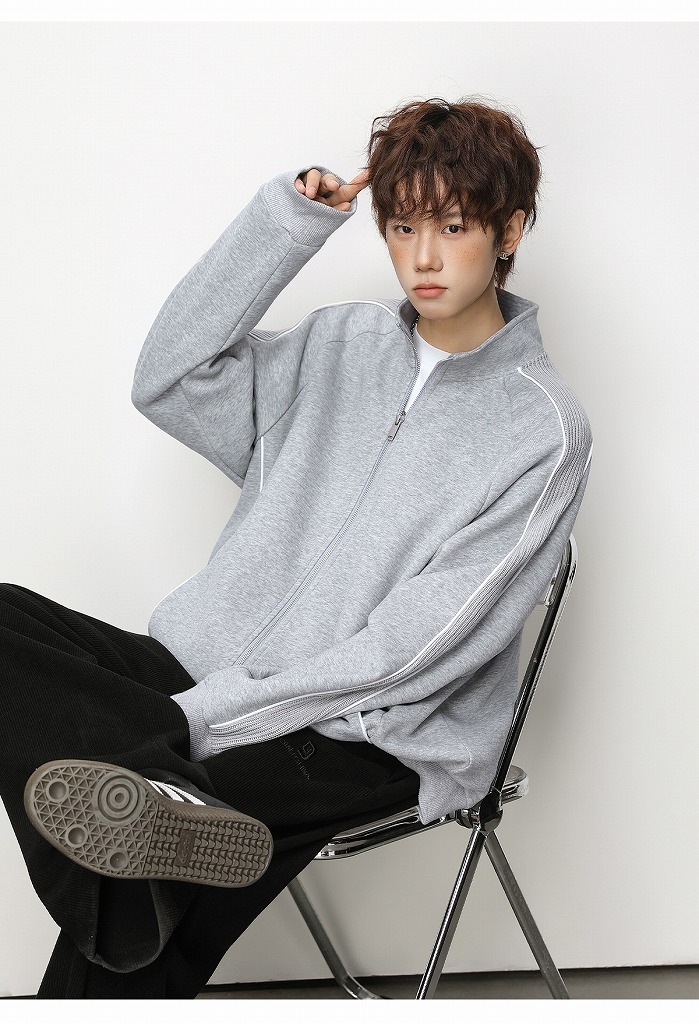 メンズ 立ち襟 ジップアップ スウェット 春新作 ラグランスリーブ カジュアル アウター トレーナ★全2色