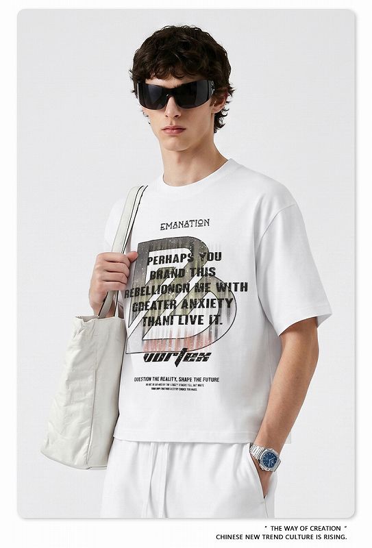 メンズ 無地/プリント Boxyシルエット 半袖 Tシャツ 男女専用 ストリート系 トップス 夏 2026新作★全2色