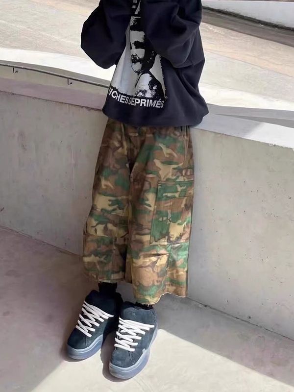 メンズ 迷彩柄 ワーク風 七分丈 パンツ 男女兼用 ストリート系 ボトムス 春秋 2026新作★