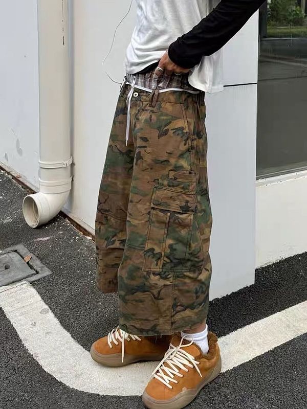 メンズ 迷彩柄 ワーク風 七分丈 パンツ 男女兼用 ストリート系 ボトムス 春秋 2026新作★