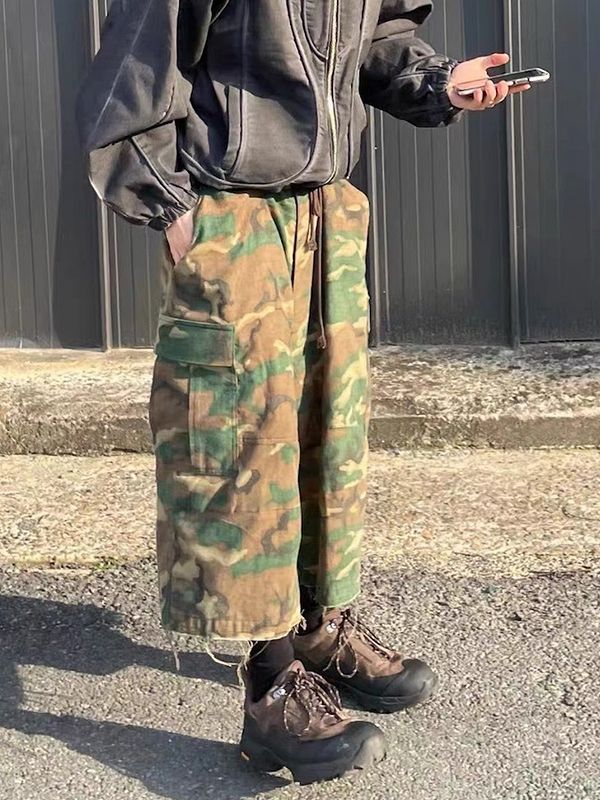 メンズ 迷彩柄 ワーク風 七分丈 パンツ 男女兼用 ストリート系 ボトムス 春秋 2026新作★