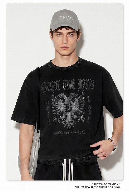 ウォッシュ加工 無地/プリント Boxyシルエット 半袖 Tシャツ ストリート系 トップス 夏 2026新作★