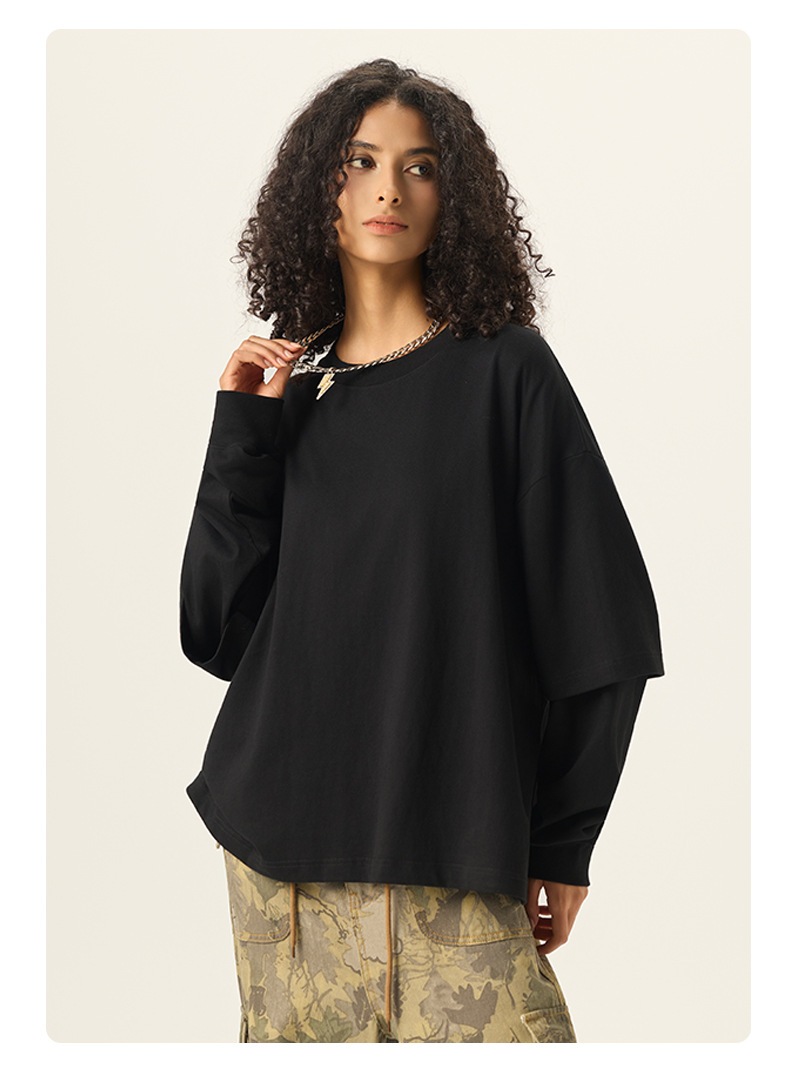 メンズ アメリカンスタイル 配色レイヤード長袖Tシャツ 280gコットン 偽レイヤー風ロンT トップス★全3色