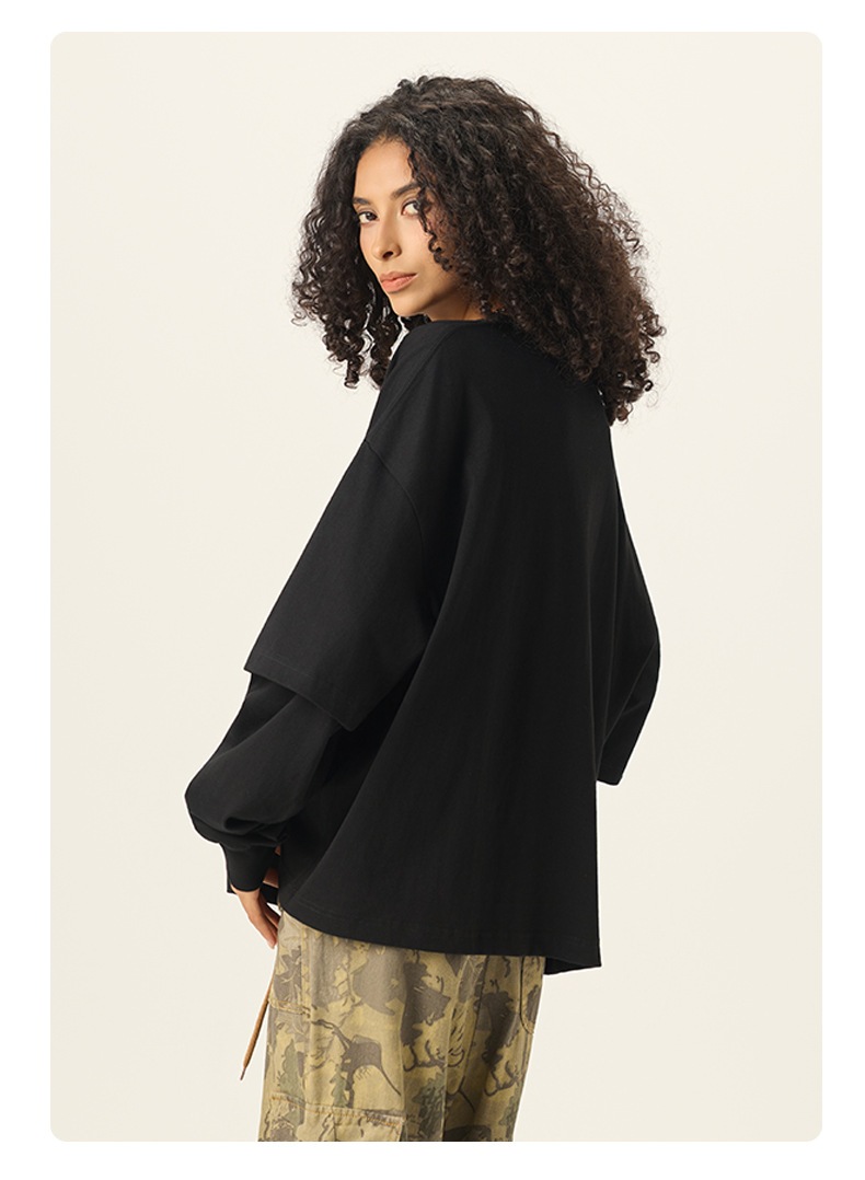 メンズ アメリカンスタイル 配色レイヤード長袖Tシャツ 280gコットン 偽レイヤー風ロンT トップス★全3色