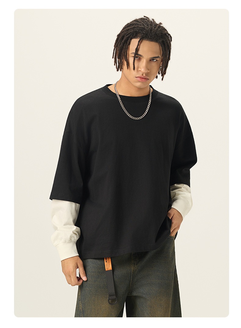 メンズ アメリカンスタイル 配色レイヤード長袖Tシャツ 280gコットン 偽レイヤー風ロンT トップス★全3色