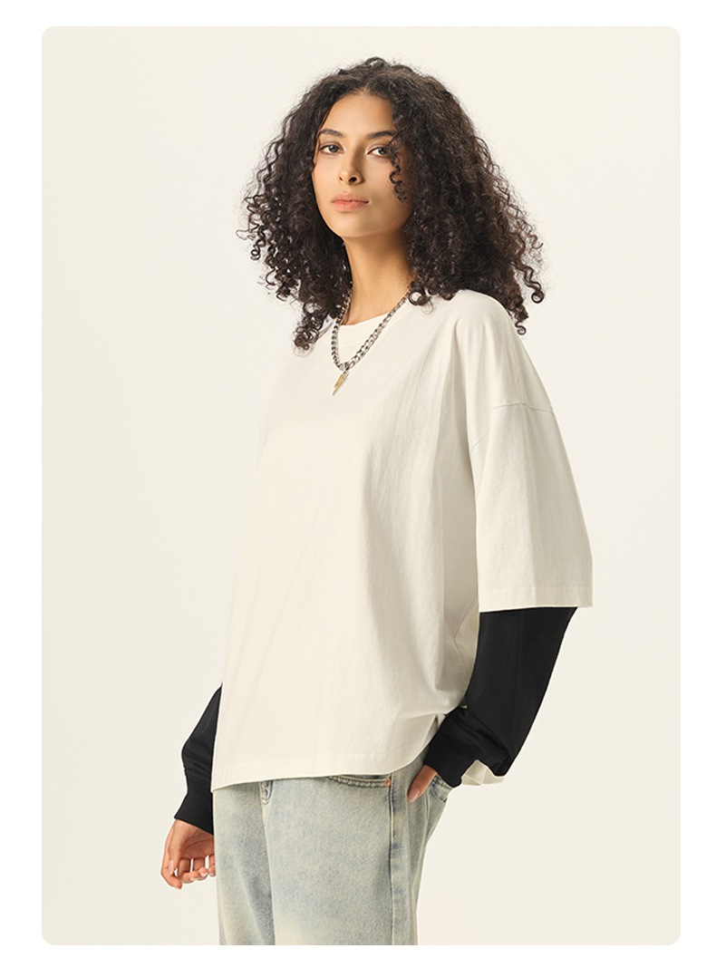 メンズ アメリカンスタイル 配色レイヤード長袖Tシャツ 280gコットン 偽レイヤー風ロンT トップス★全3色