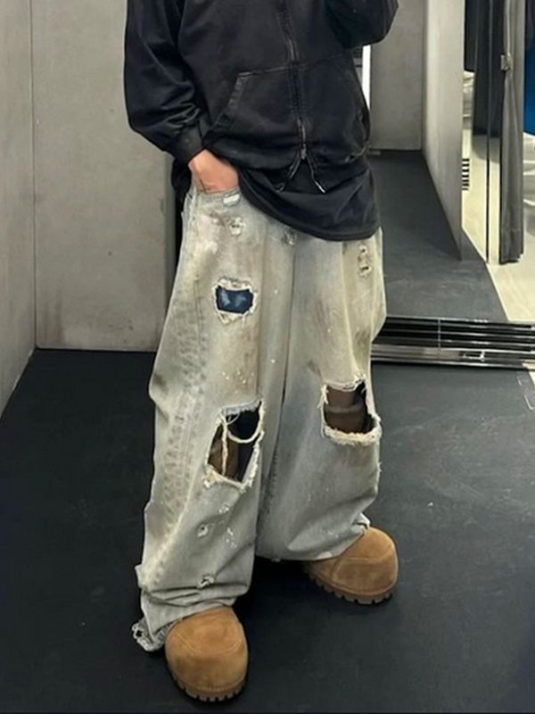 メンズ ビンテージ風 ダメージ加工 デニム パンツ 男女兼用 ストリート系 ボトムス 春秋 2026新作★