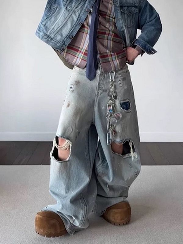 メンズ ビンテージ風 ダメージ加工 デニム パンツ 男女兼用 ストリート系 ボトムス 春秋 2026新作★