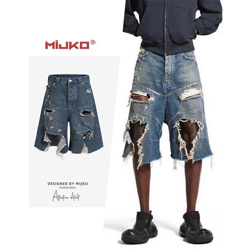 メンズ ダメージ加工 デニム ショートパンツ 男女兼用 ストリート系