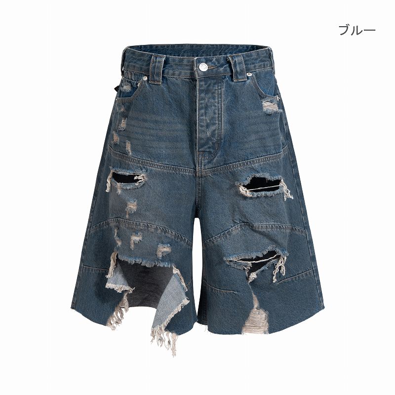 メンズ ダメージ加工 デニム ショートパンツ 男女兼用 ストリート系