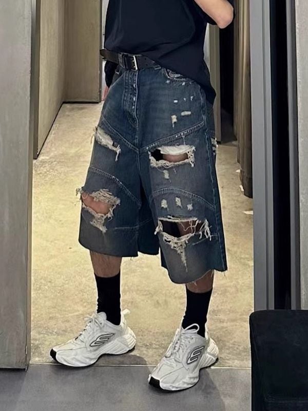 メンズ ダメージ加工 デニム ショートパンツ 男女兼用 ストリート系