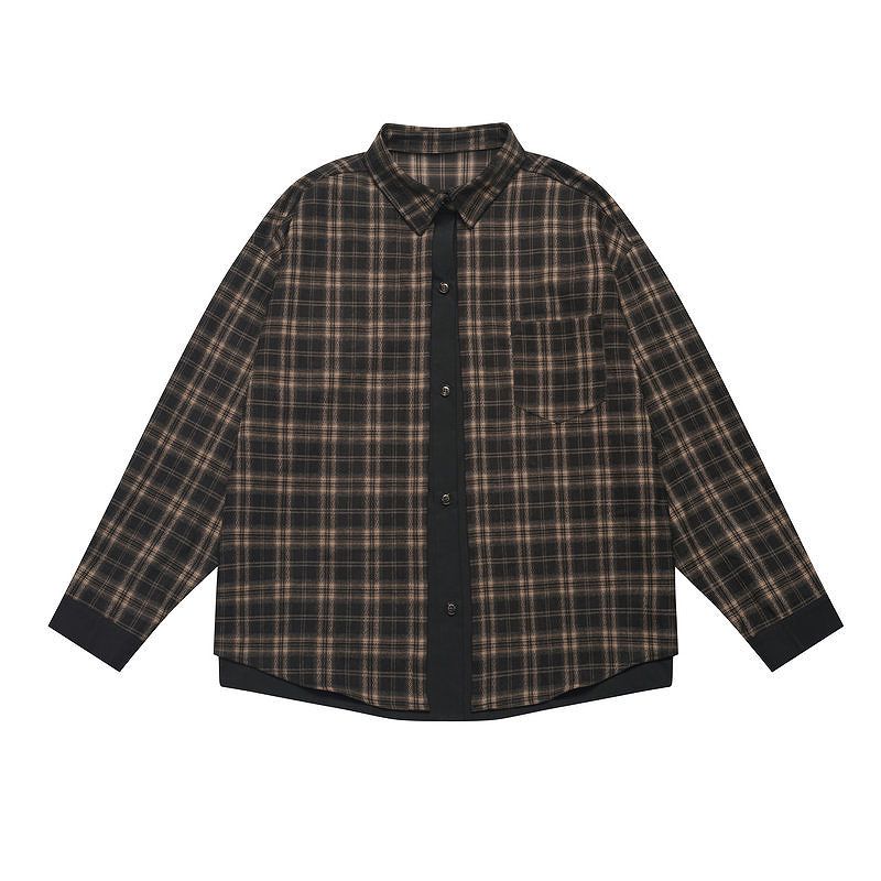 メンズ 偽二枚二重 チェック柄 長袖 シャツ 男女兼用 ストリート系 トップス 春秋 2026新作★全2色