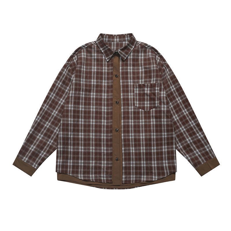 メンズ 偽二枚二重 チェック柄 長袖 シャツ 男女兼用 ストリート系 トップス 春秋 2026新作★全2色