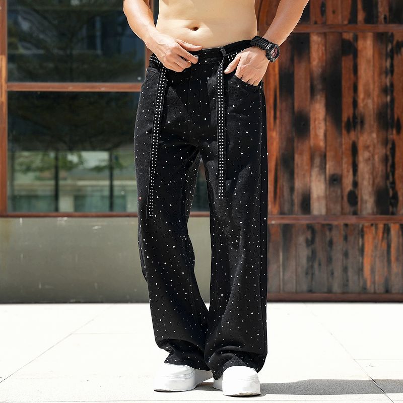 メンズ ラインストーン デニム パンツ 男女兼用 ストリート系