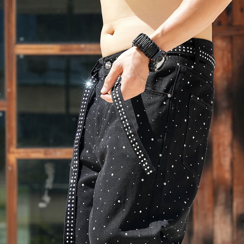★完売品★ラインストーンデニムパンツ メンズ ラインストーン デニム パンツ 男女兼用 ストリート系