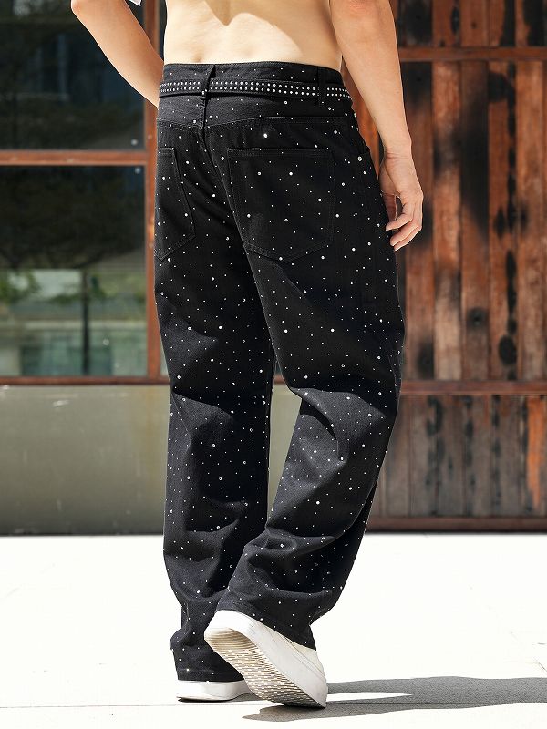 メンズ ラインストーン デニム パンツ 男女兼用 ストリート系 ボトムス