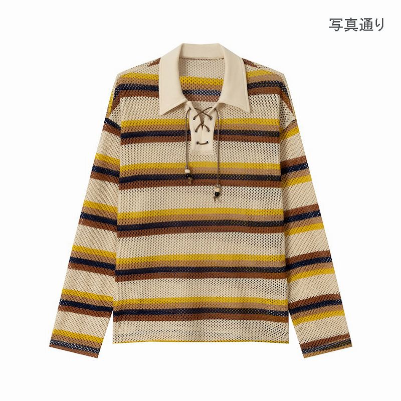 メンズ ボーダー柄 クロシェ ポロシャツ 男女兼用 ストリート系 トップス 春夏 2026新作★