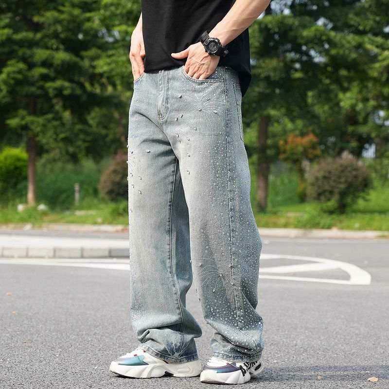 メンズ ラインストーン デニム パンツ 男女兼用 ストリート系 ボトムス