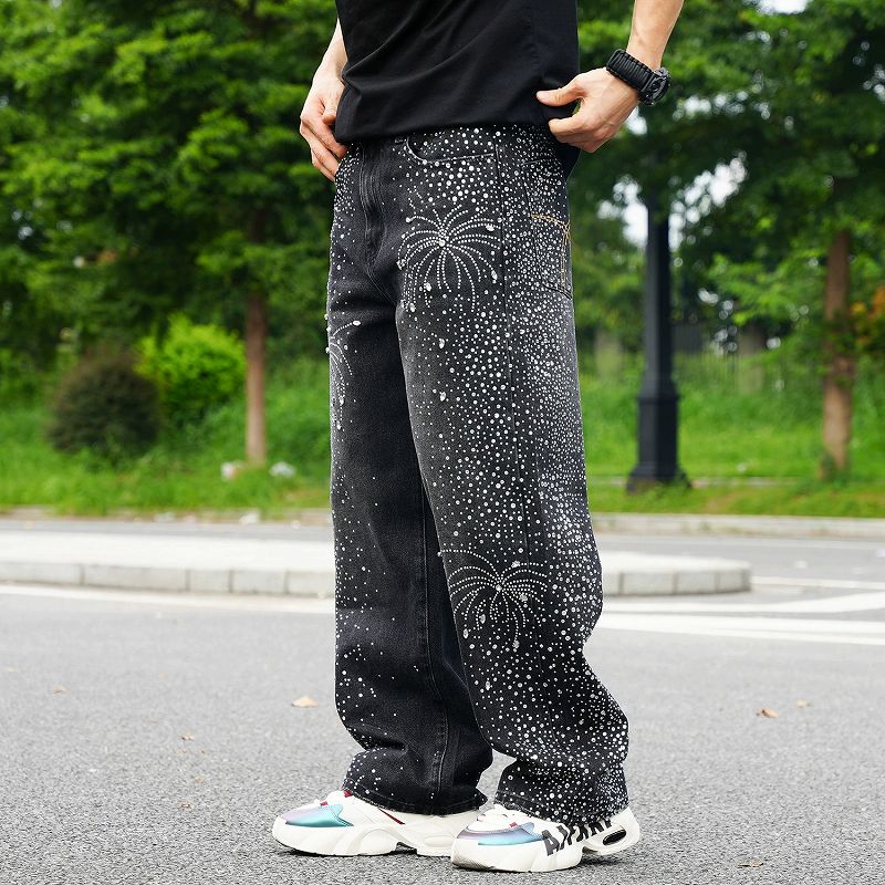 メンズ ラインストーン デニム パンツ 男女兼用 ストリート系 ボトムス