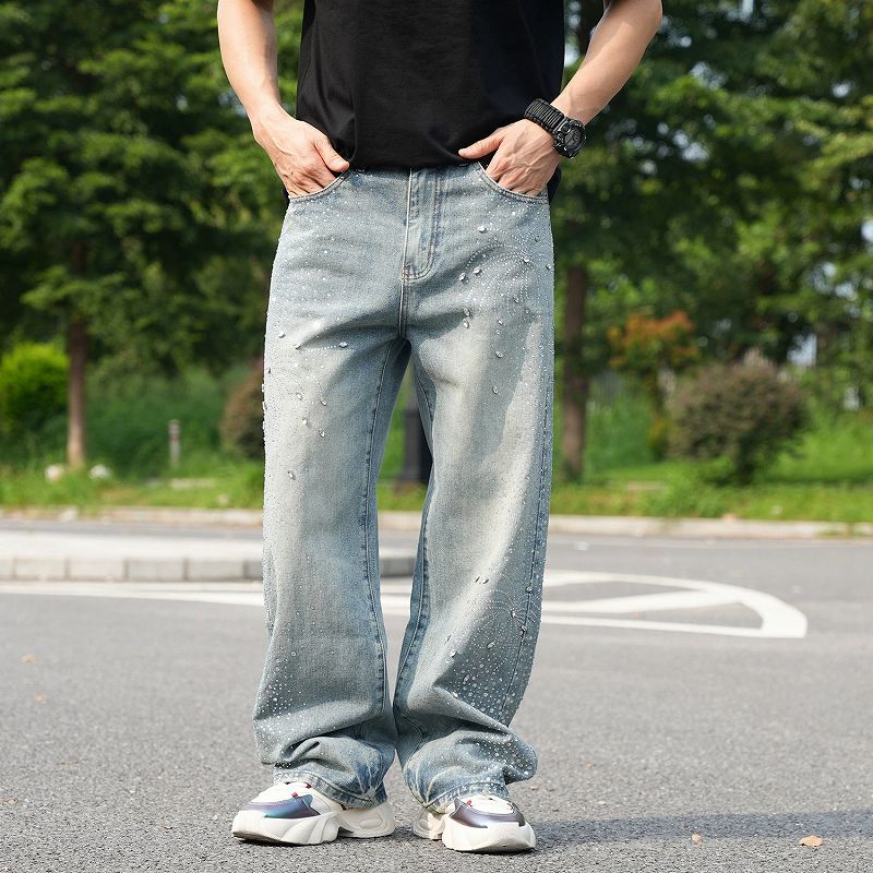 メンズ ラインストーン デニム パンツ 男女兼用 ストリート系 ボトムス