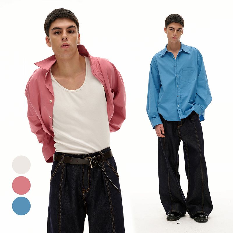 メンズファッション 無地 長袖 シャツ 男女兼用 ストリート系 トップス 春秋 2026新作★全3色