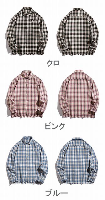 メンズ 刺繍入り チェック柄 長袖シャツ 男女兼用 ストリート系
