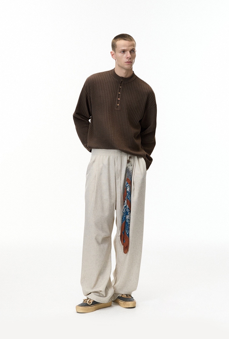 メンズ ヘンリーネック長袖Tシャツ 秋新作 無地トップス オールド