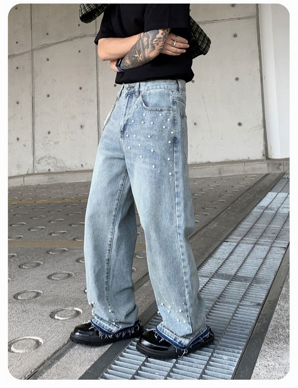 メンズ ラインストーン デニム パンツ 男女兼用 ストリート系 ボトムス