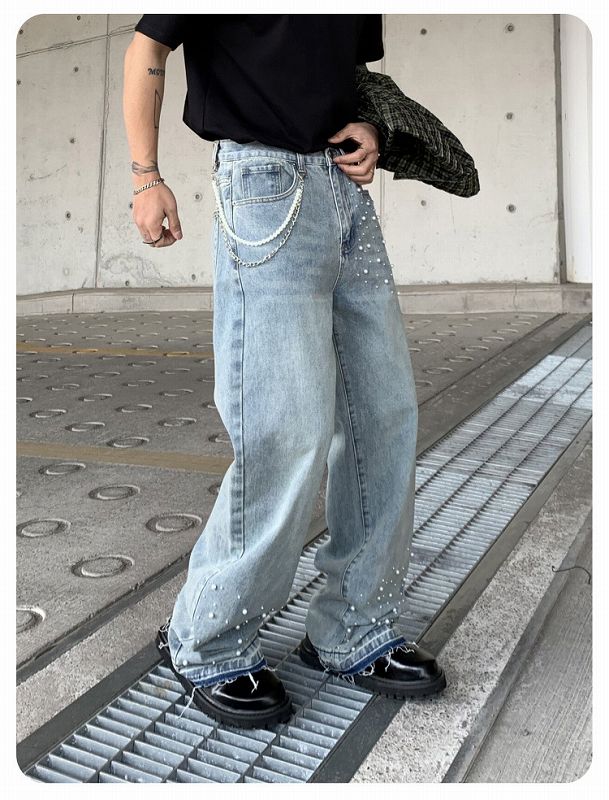 メンズ ラインストーン デニム パンツ 男女兼用 ストリート系 ボトムス