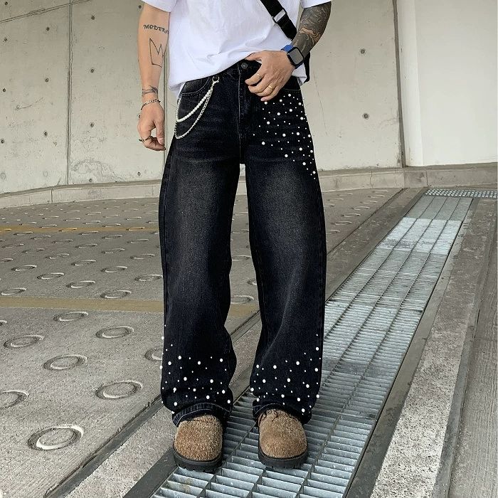 メンズ ラインストーン デニム パンツ 男女兼用 ストリート系 ボトムス