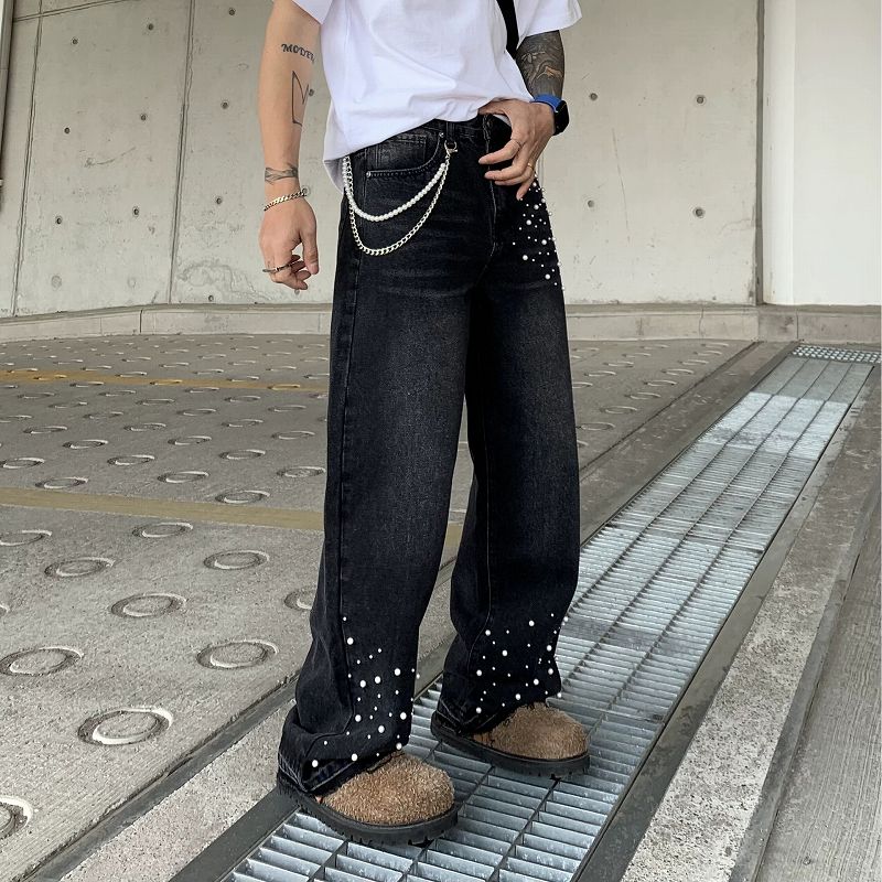 メンズ ラインストーン デニム パンツ 男女兼用 ストリート系 ボトムス
