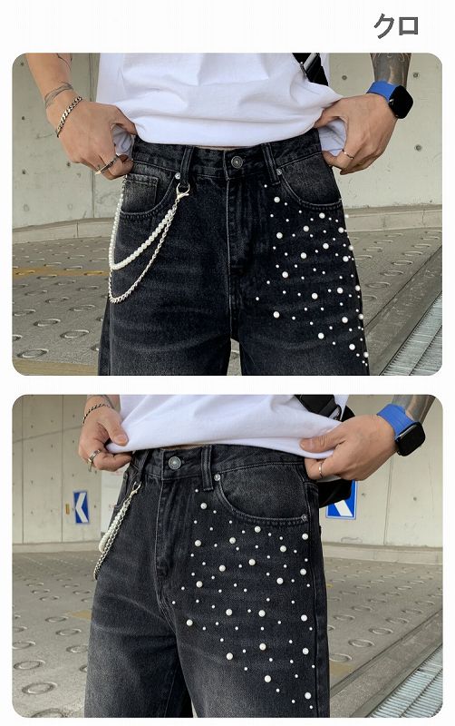 メンズ ラインストーン デニム パンツ 男女兼用 ストリート系 ボトムス