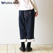 7分丈パンツ ニットデニム ガールズ 女の子 キッズ ベビー【UZULAND ウズランド】カジュアル ストレッチパンツ デニムパンツ ポケット付き ウエストゴム 伸縮 ロールアップ 裾折り返し 花柄 フラワー ネイビー ブラック 春物 80cm 90cm 95cm 100cm 110cm 120cm 130cm