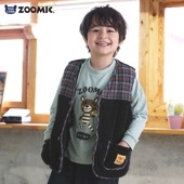 キッズ 中綿ベスト フリース マイクロファイバー チェック 切替 腰ポケット 男の子 女の子 (80-130cm)【 ZOOMIC ズーミック 】 中わた 保温 羽織り ジャケット ブルゾン フロントボタン 重ね着 レイヤード ベビー 動物 アニマル 80cm 90cm 95cm 100cm 110cm 120cm 130cm