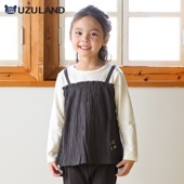 ガールズ ロンT 重ね着風 長袖 Tシャツ 天竺 トップス チャーム付き 女の子 キッズ ベビー 【UZULAND ウズランド】 カットソー ロンt チュニック レイヤード シャツ ブラウス ピンク チャコール 花柄 フラワー 無地 かわいい 春物 80cm 90cm 95cm 100cm 110cm 120cm 130cm