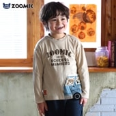 キッズ ロンT 長袖 Tシャツ アニマル 動物 くま パンダ 男の子 女の子【ZOOMIC ズーミック】 ベビー トップス カットソー ロンt プリント バックプリント 肩ボタン キャラクター クマ 車 くるま ベージュ サックス 子ども 80cm 90cm 95cm 100cm 110cm 120cm 130cm