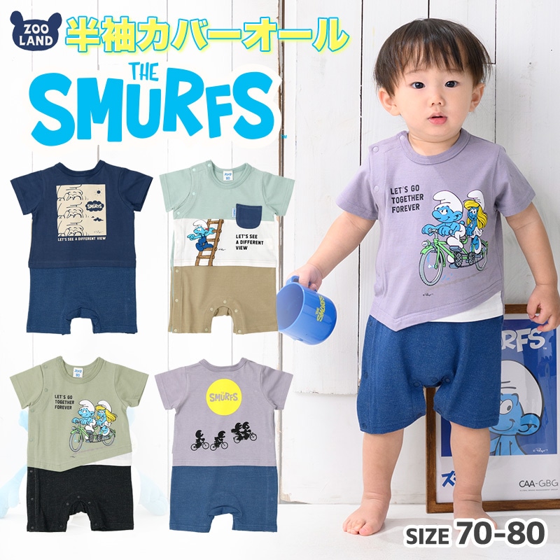  ベビー服 カバーオール スマーフ 夏 デザイン 綿100％ 重ね着風 半袖 ロンパース( 70-80cm )【SMURFS】 子供服 キッズ ベビー 二次加工 夏服 男の子 女の子 おしゃれ 可愛い アニメ キャラクター 新生児 赤ちゃん ベビーウェア 70cm 80cm