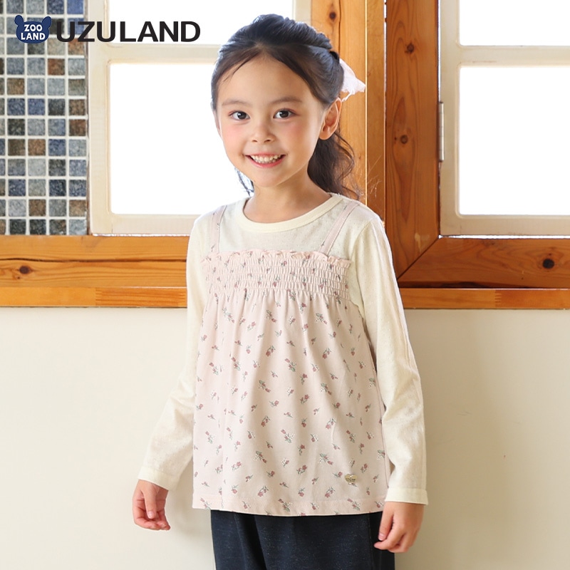 ガールズ ロンT 重ね着風 花柄 長袖 Tシャツ 天竺 ジャカード トップス チャーム付き 女の子 キッズ ベビー 【UZULAND ウズランド】 カットソー ロンt チュニック レイヤード ブラウス ピンク クリーム フラワー かわいい 無地 春物 80cm 90cm 95cm 100cm 110cm 120cm 130cm