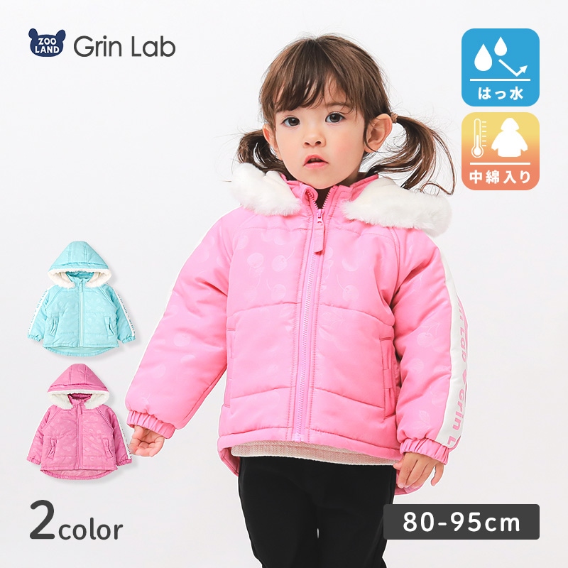 コート ベビー 中綿 ジャケット ショート丈 フード付き 女の子 あったか 防寒 撥水 ( 80-95cm )【 GrinLab グリンラボ 】 チェリー プリント ウィンドブレーカー スノーウェア スキーウェア 雪遊び 冬 子供服 子供用 キッズ 80cm 90cm 95cm