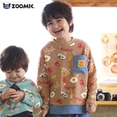 キッズ ロンT 長袖 Tシャツ 胸ポケット 総柄 デニム 重ね着風 レイヤード 動物 アニマル くま パンダ 男の子 女の子 (80-130cm)【 ZOOMIC ズーミック 】 ベビー カットソー デザイン 天竺 肩ボタン オムライス カレーライス 食べ物 80cm 90cm 95cm 100cm 110cm 120cm 130cm
