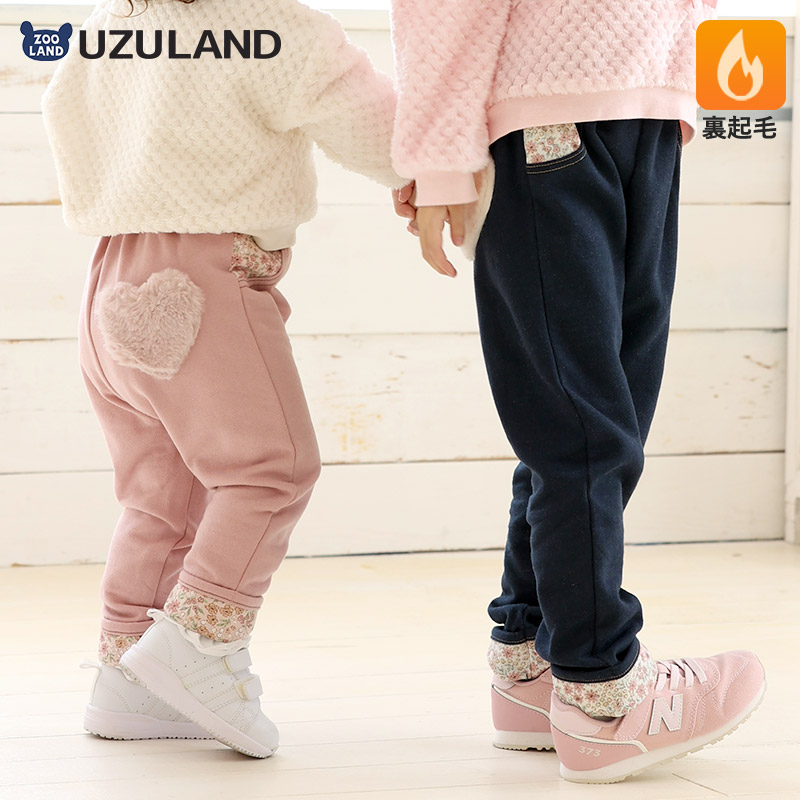 ガールズ ロングパンツ 10分丈 裏起毛 起毛あり ニットデニム 長ズボン 女の子 花柄 フラワー ポケット ( 80-130cm )【 UZULAND ウズランド 】 ベビー デニム 長ズボン 裾 デザイン 折り返し ボア 保温 伸縮 ストレッチ カジュアル 80cm 90cm 95cm 100cm 110cm 120cm 130cm