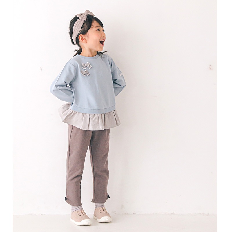 子供服 パンツ ウズランド リボン フリル テーパード 10分丈 (80-130cm)【Uzuland】 女の子 キッズ ベビー ボトムス 長ズボン ポケット ガーリー かわいい おしゃれ 秋物 80cm 90cm 95cm 100cm 110cm 120cm 130cmポイント消化