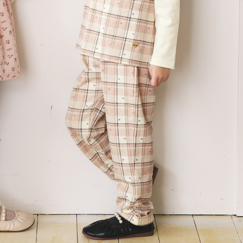 ガールズ ロングパンツ チェック 総柄 ミニ裏毛 ガールズ 女の子 キッズ ベビー ( 80-130cm )【 UZULAND ウズランド 】 ガーリー カジュアル 10分丈 スウェットパンツ ポケット付き くすみカラー ハート ピンク アイボリー 秋物 80cm 90cm 95cm 100cm 110cm 120cm 130cm