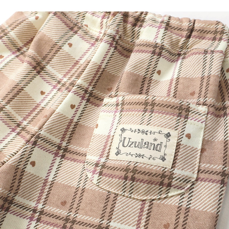 ガールズ ロングパンツ チェック 総柄 ミニ裏毛 ガールズ 女の子 キッズ ベビー ( 80-130cm )【 UZULAND ウズランド 】 ガーリー カジュアル 10分丈 スウェットパンツ ポケット付き くすみカラー ハート ピンク アイボリー 秋物 80cm 90cm 95cm 100cm 110cm 120cm 130cm