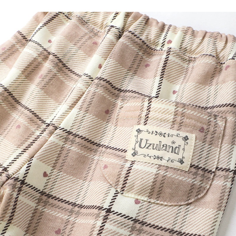 ガールズ ロングパンツ チェック 総柄 ミニ裏毛 ガールズ 女の子 キッズ ベビー ( 80-130cm )【 UZULAND ウズランド 】 ガーリー カジュアル 10分丈 スウェットパンツ ポケット付き くすみカラー ハート ピンク アイボリー 秋物 80cm 90cm 95cm 100cm 110cm 120cm 130cm