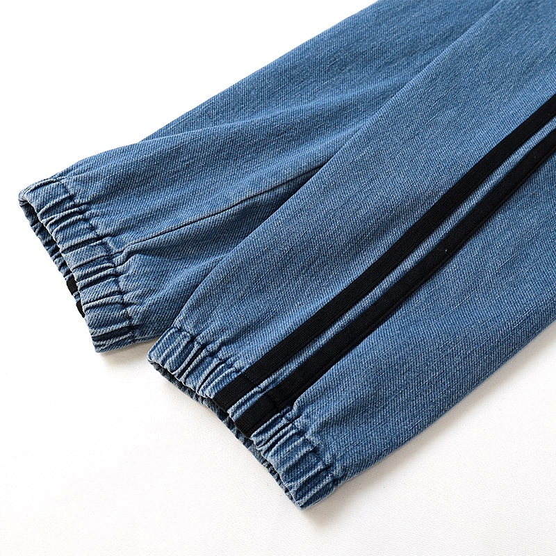 ジョガーパンツ サイドライン ストレッチデニム 子供服 男の子 女の子 小学生 中学生 ファッション キッズ ジュニア デニムパンツ 長ズボン ロングパンツ ポケット付き 裾リブ 切替 ストリート スケート 大人っぽい ダンス スポーツ ブルー ブラック 130 140 150 160 秋服