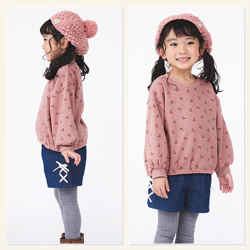 キッズ トレーナー 裏起毛 女の子 総柄 チェリー フラワー 子供服 長袖 トップス ( 80-130cm )【 GrinLab グリンラボ 】 ガールズ かわいい 花柄 冬服 スウェット ベビー服 80 90 95 100 110 120 130 