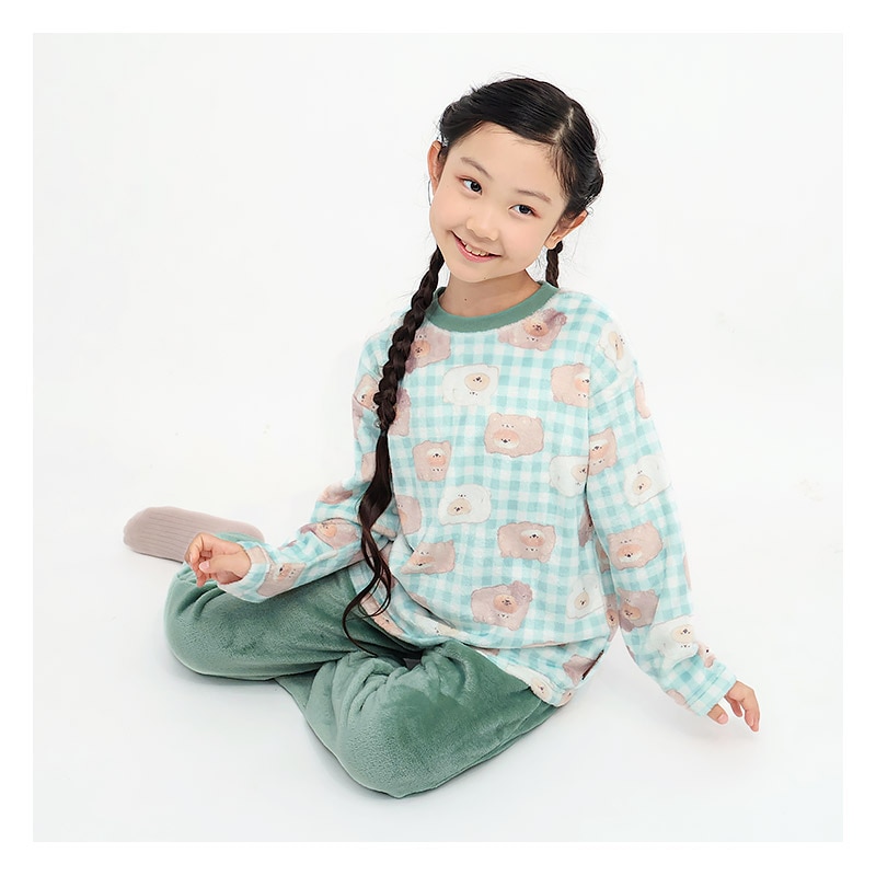 いーすとけん ルームウェア 長袖パジャマ フリース 女の子 キッズ 上下セット ルームウェア パジャマ 子供服 キャラクター アニマル 動物 2点セット カットソー スウェット ロングパンツ ウエストゴム ガールズ 部屋着 120cm 130cm 140cm 150cm 160cm 保温 暖かい チェック