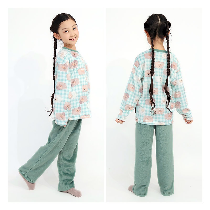 いーすとけん ルームウェア 長袖パジャマ フリース 女の子 キッズ 上下セット ルームウェア パジャマ 子供服 キャラクター アニマル 動物 2点セット カットソー スウェット ロングパンツ ウエストゴム ガールズ 部屋着 120cm 130cm 140cm 150cm 160cm 保温 暖かい チェック